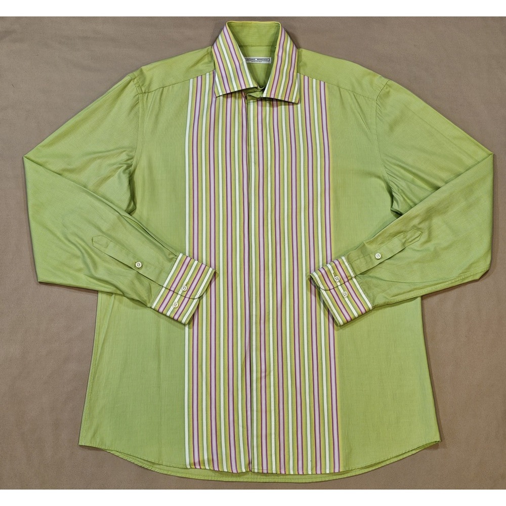 Luciano Moresco Mens L Green & Pink Striped Long Sleeve Button-Up Collared Shirt
